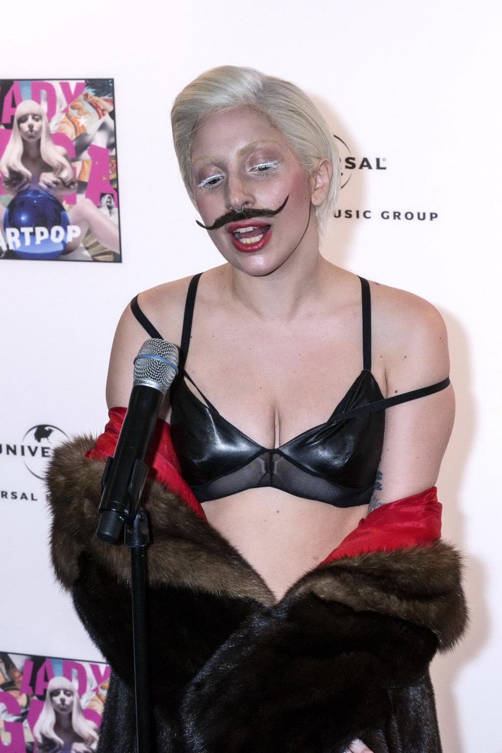 Lady Gaga wearing lingerie and fake moustache at her album promotion in Berlin #75214927