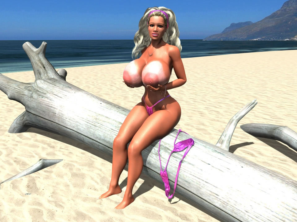 Bigtitted 3D blonde chick sunbathing nude at the beach #67050410