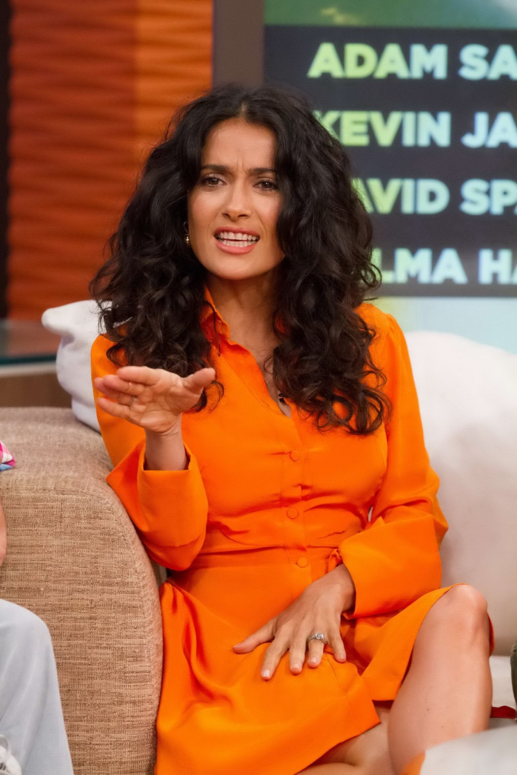 Salma Hayek upskirt wearing short orange dress at Despierta America Show in Miam #75225078