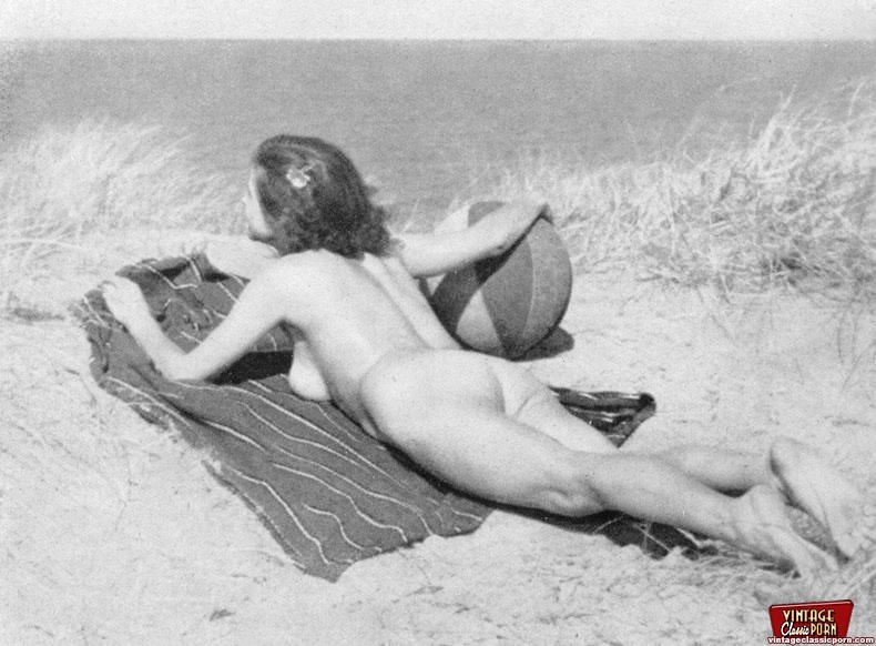 Several vintage girls showing it all on the beach #67761047