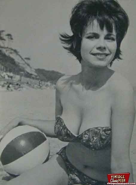 Several vintage girls showing it all on the beach #67761057