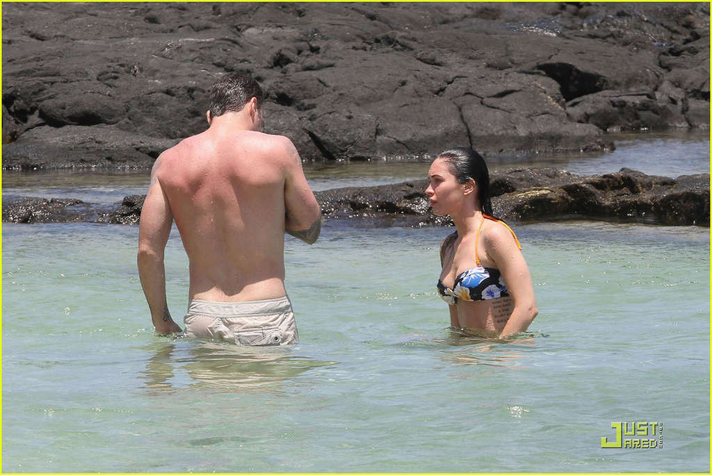 Megan Fox in bikini playing on beach with her boyfriend #75343217