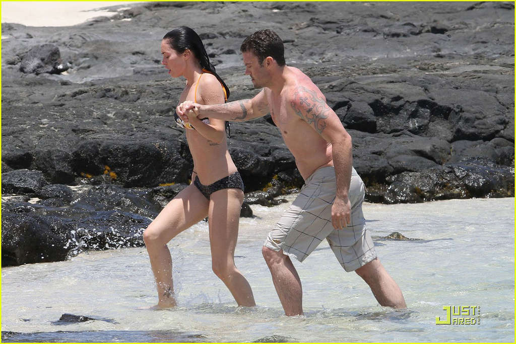 Megan Fox in bikini playing on beach with her boyfriend #75343220
