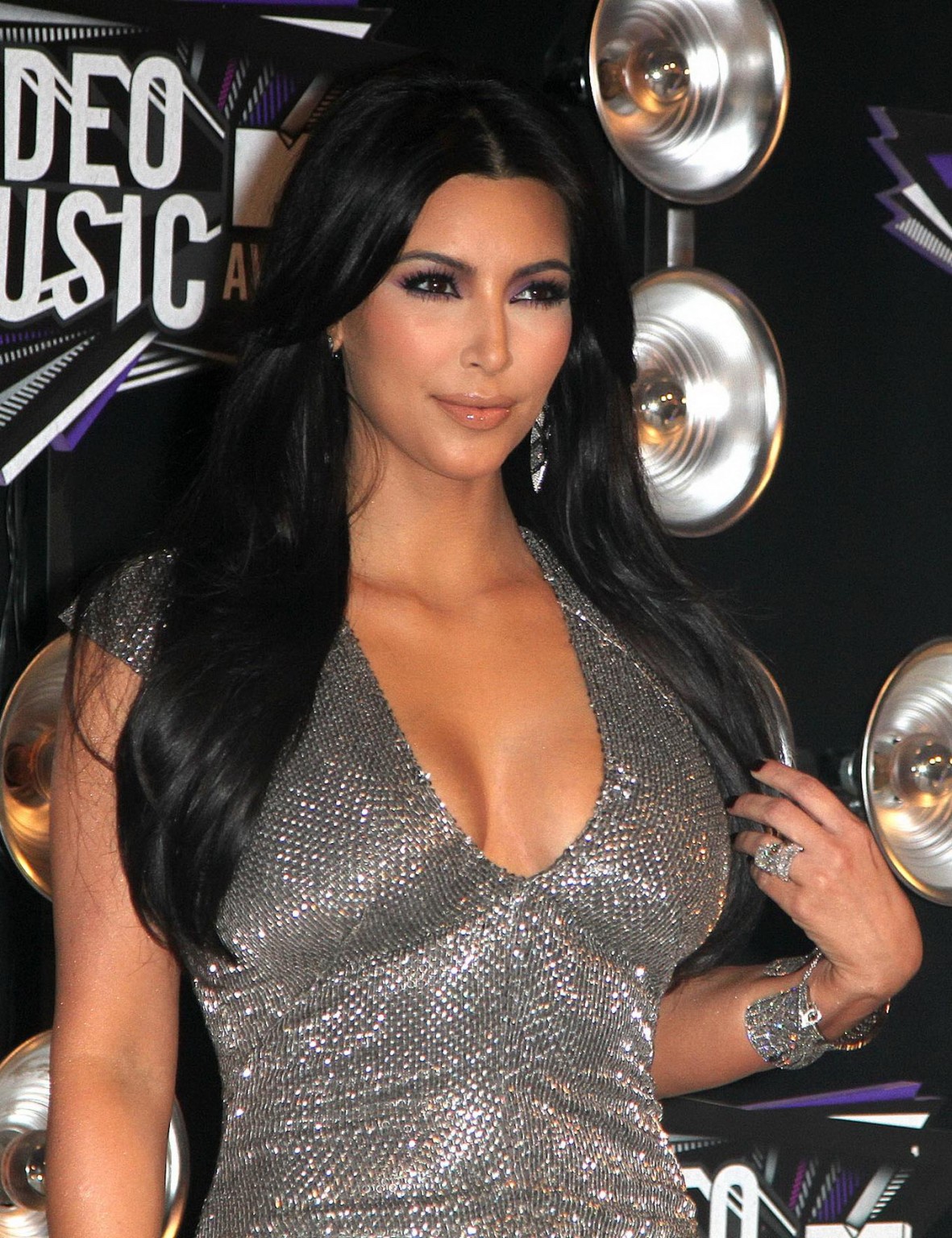 Kim Kardashian shows cleavage  booty wearing tight maxi dress at the 2011 MTV Vi #75289825