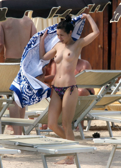 China Chow showing her nice tits on beach topless paparazzi pics #75417917