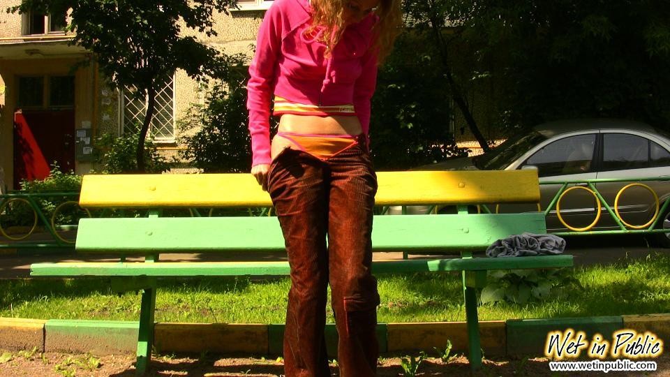 Real outdoor pissing trouble of a confused babe in the crimson pants #78594949