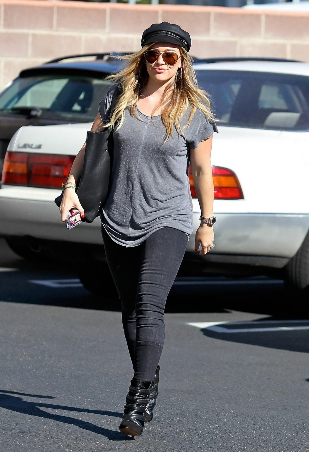 Hilary Duff showing hard pokies in a gray top and tight jeans out in Santa Monic #75213795