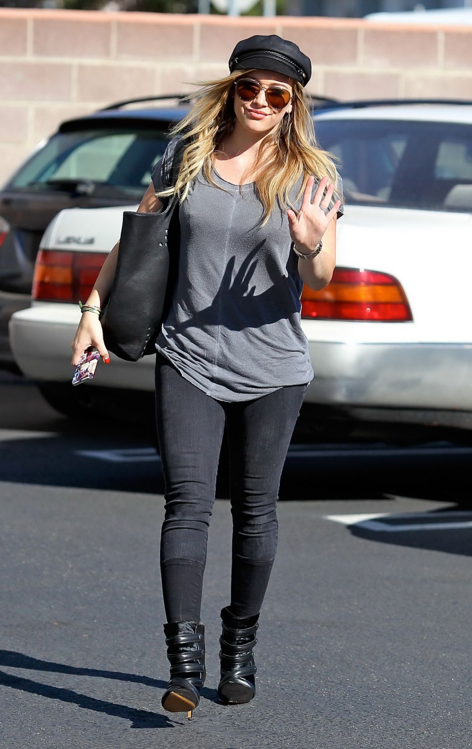 Hilary Duff showing hard pokies in a gray top and tight jeans out in Santa Monic #75213805