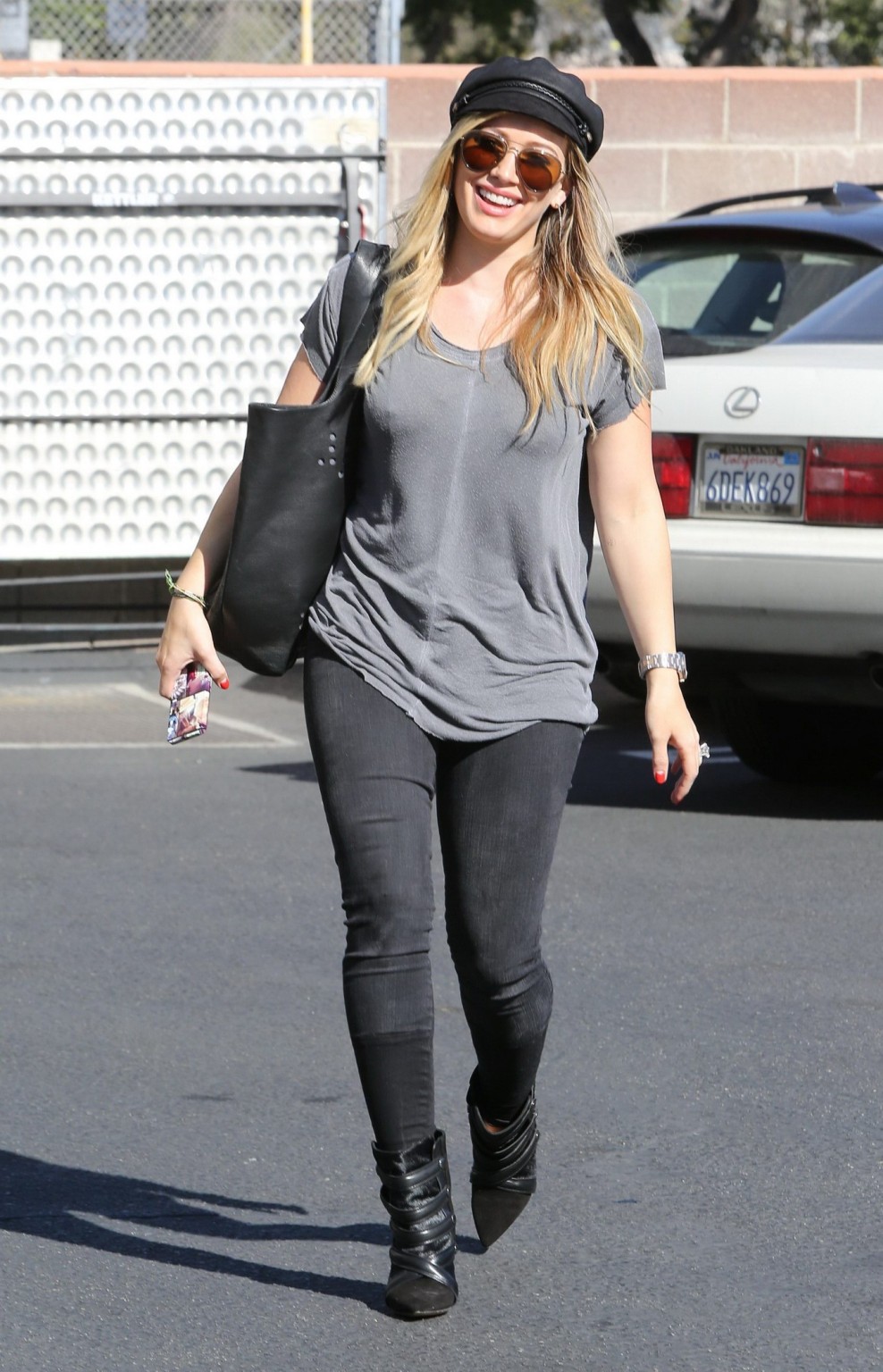 Hilary Duff showing hard pokies in a gray top and tight jeans out in Santa Monic #75213823