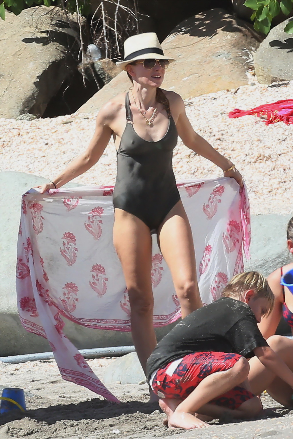 Naomi Watts showing pokies in wet gray monokini on a vacation with Liev Schreibe #75244798