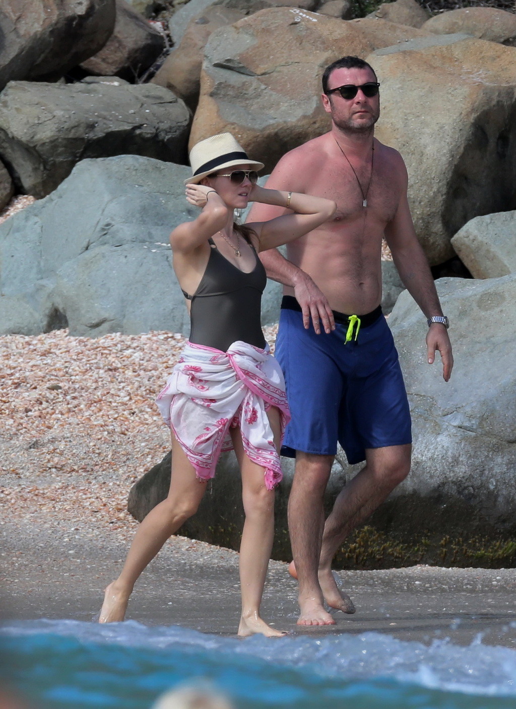 Naomi Watts showing pokies in wet gray monokini on a vacation with Liev Schreibe #75244819