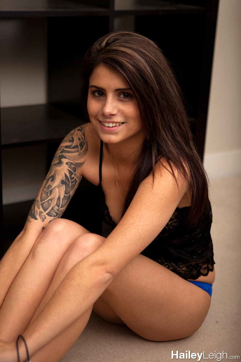 Tattooed beauty in her lace top and blue panties #70875280