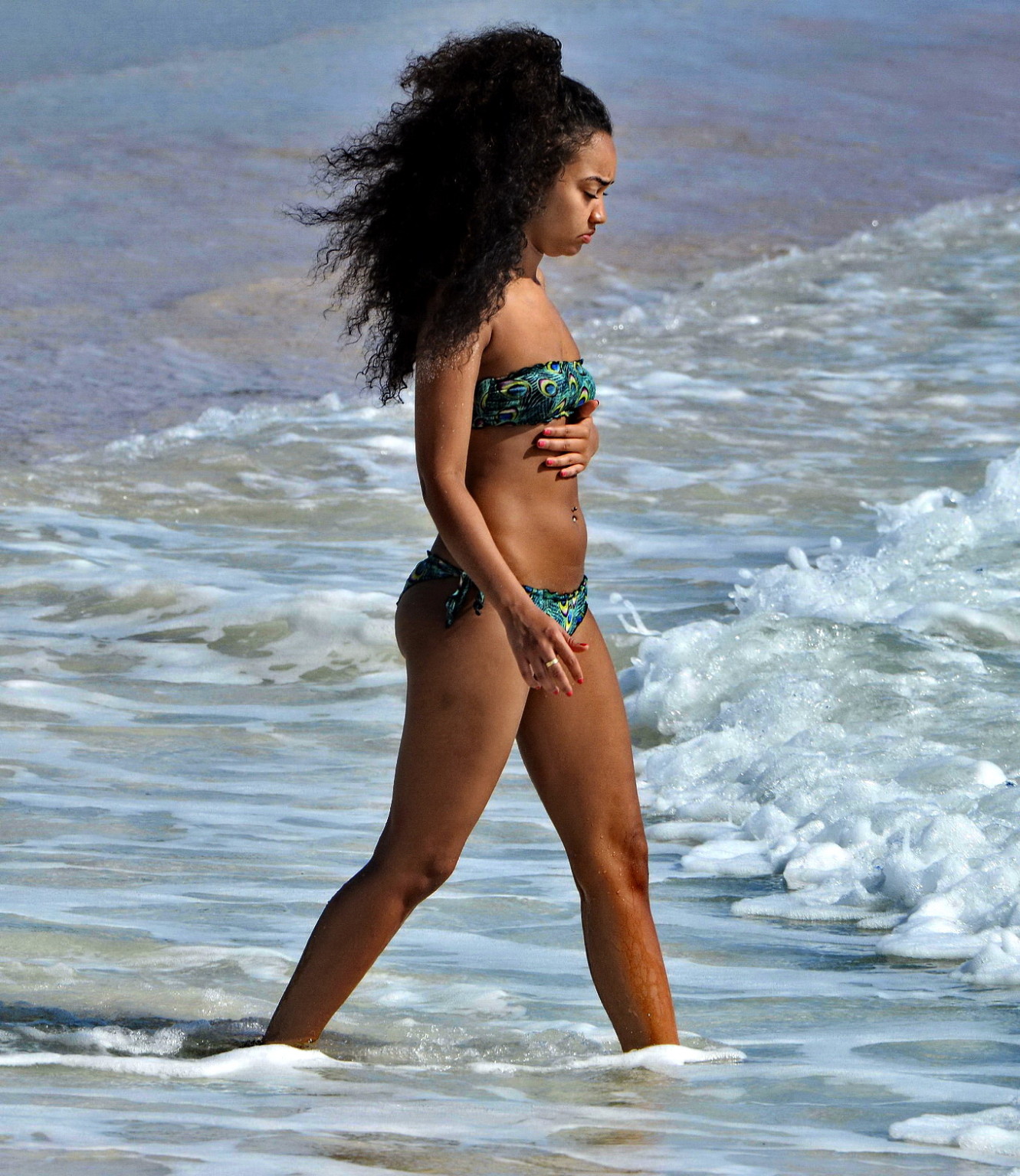 LeighAnne Pinnock shows off her ass wearing a peacock print tube bikini on a bea #75177069