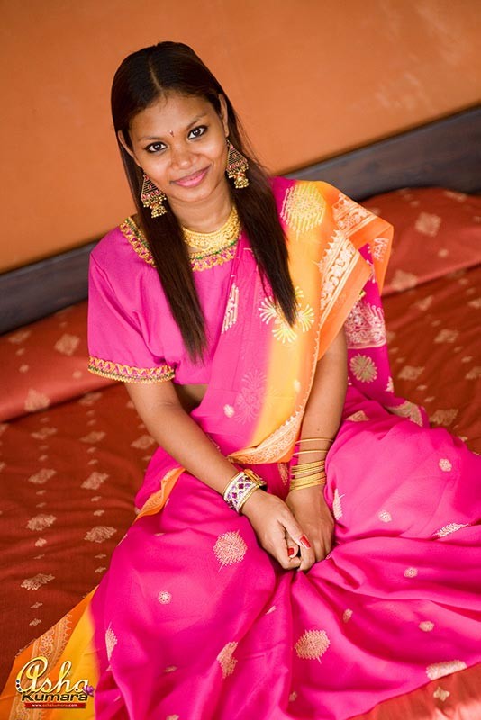 Brown Asha Kumara takes off beautiful India sari on bed #77769308
