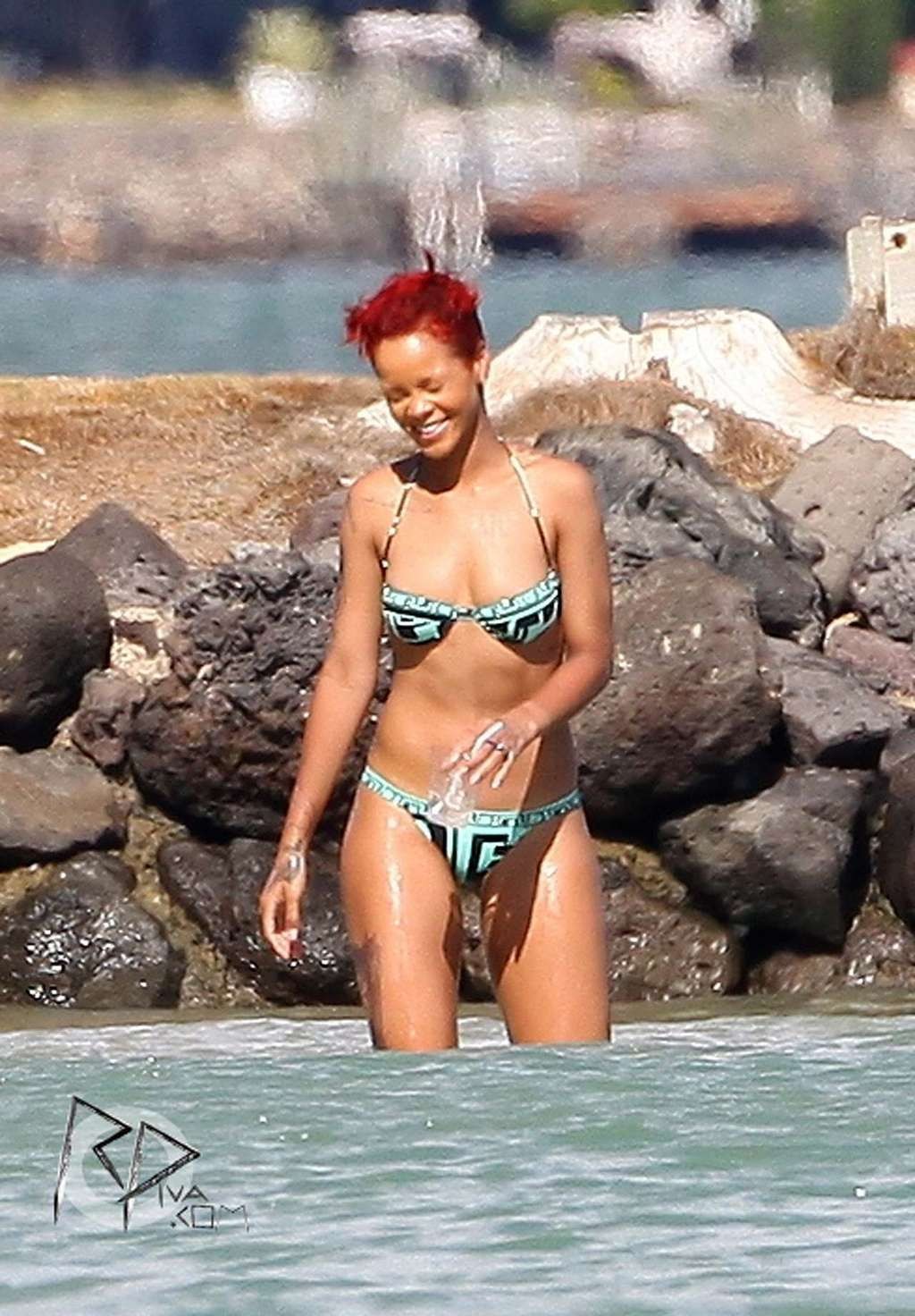 Rihanna exposing her great ass in bikini on beach and her tits in see thru papar #75334190