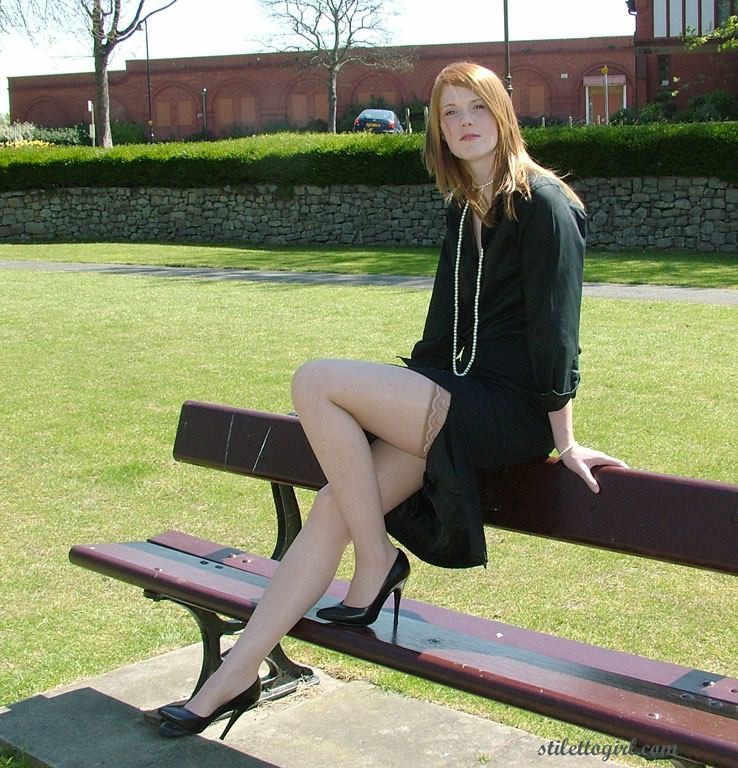 Stiletto girl in stockings posing outdoors #73746399