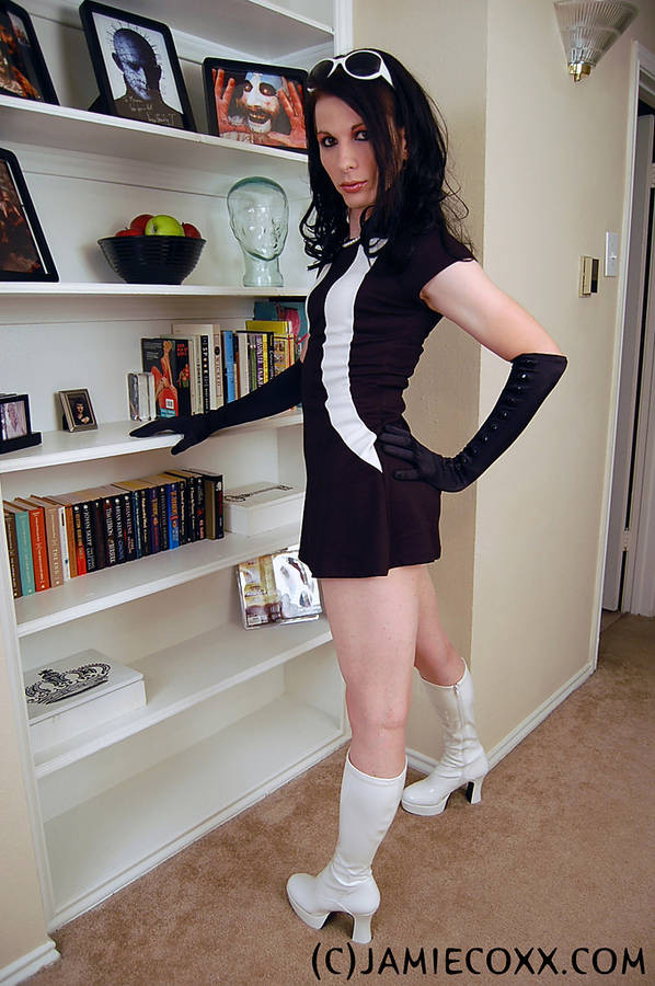 Sexy crossdresser in white leather boots #79289678