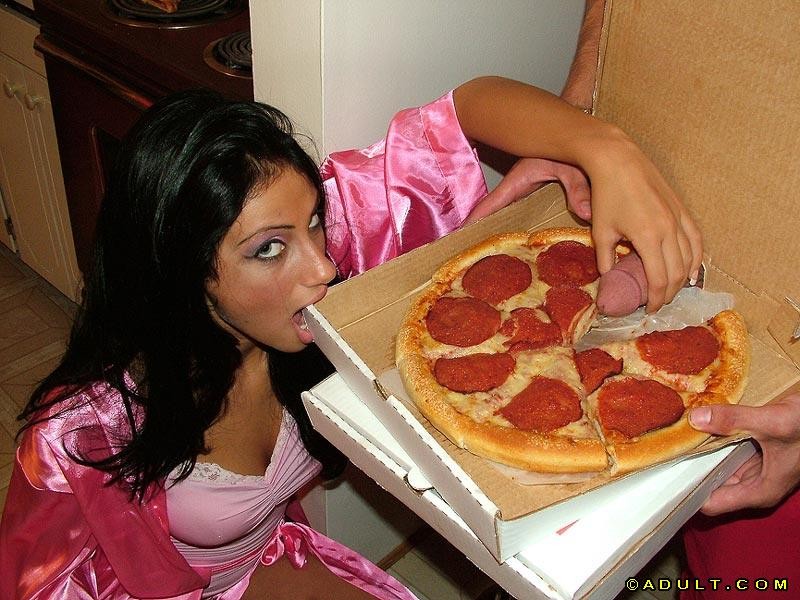 Brunette got her pizza along with hard hot sausage #75082092