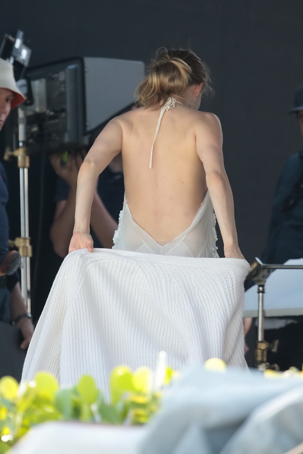 Amanda Seyfried showing boobs in white transparent nightie while filming video i #75172414