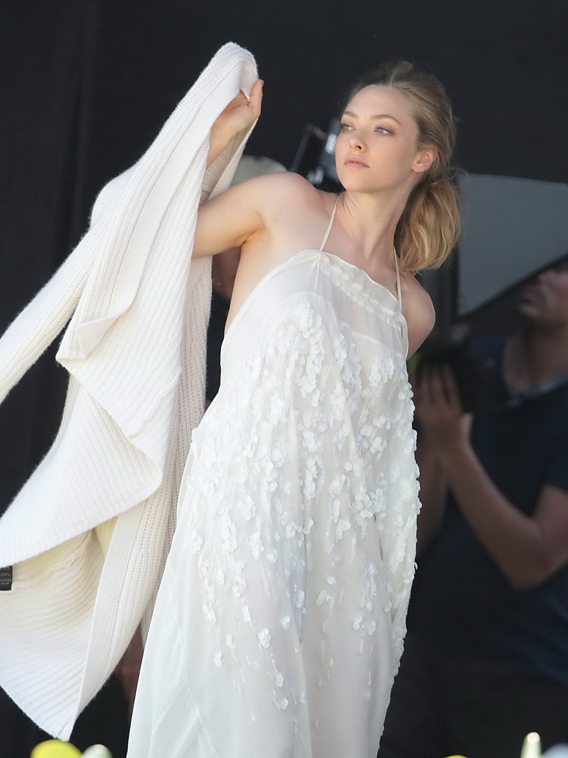 Amanda Seyfried showing boobs in white transparent nightie while filming video i #75172424