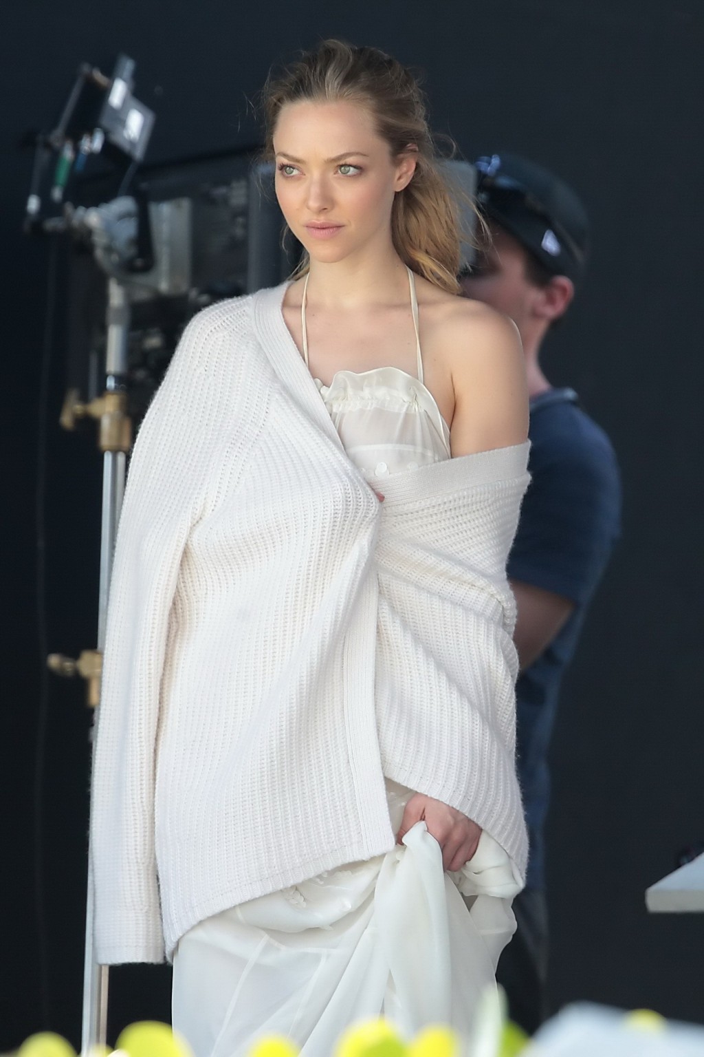 Amanda Seyfried showing boobs in white transparent nightie while filming video i #75172515