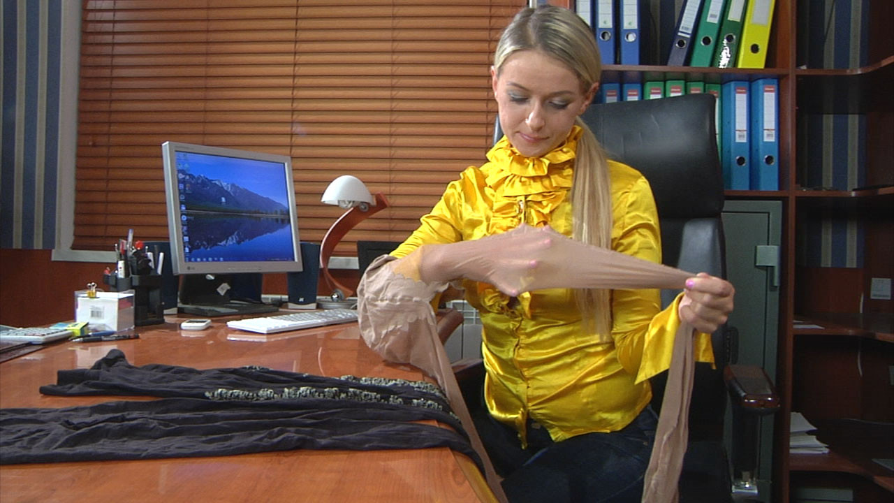 Brightly dressed office girl gives in to her pantyhose obsession #71173878