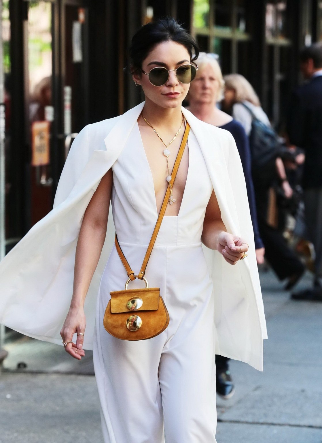 Vanessa Hudgens braless in a wide open jumpsuit leaving her apartment in NYC #75163479