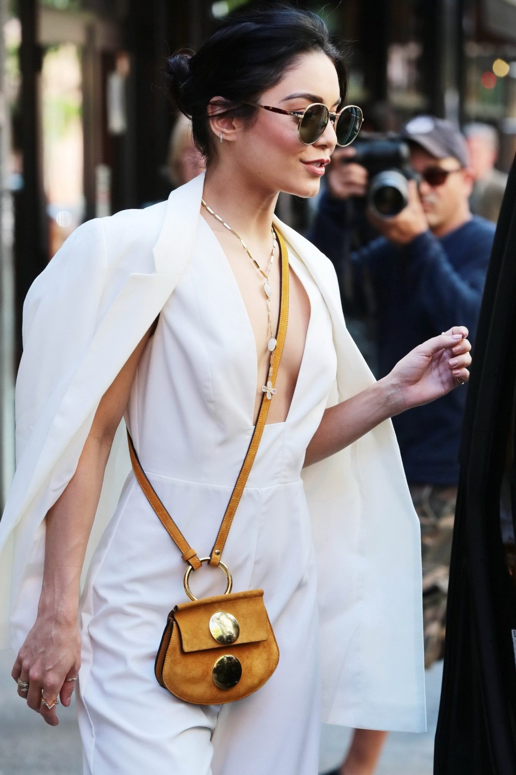 Vanessa Hudgens braless in a wide open jumpsuit leaving her apartment in NYC #75163504