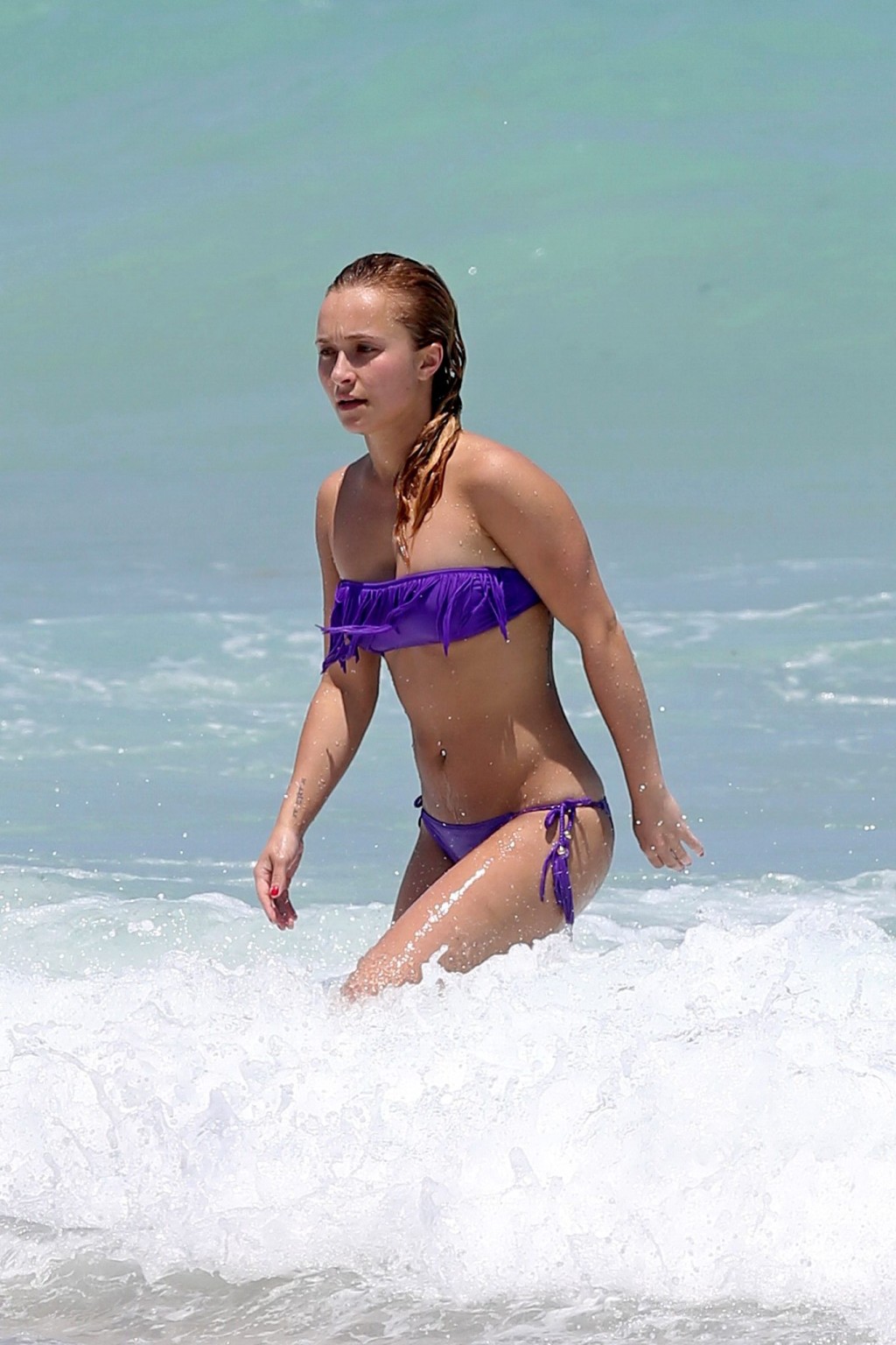 Hayden Panettiere portant un bikini tubulaire violet sur une plage de Miami.
 #75232618