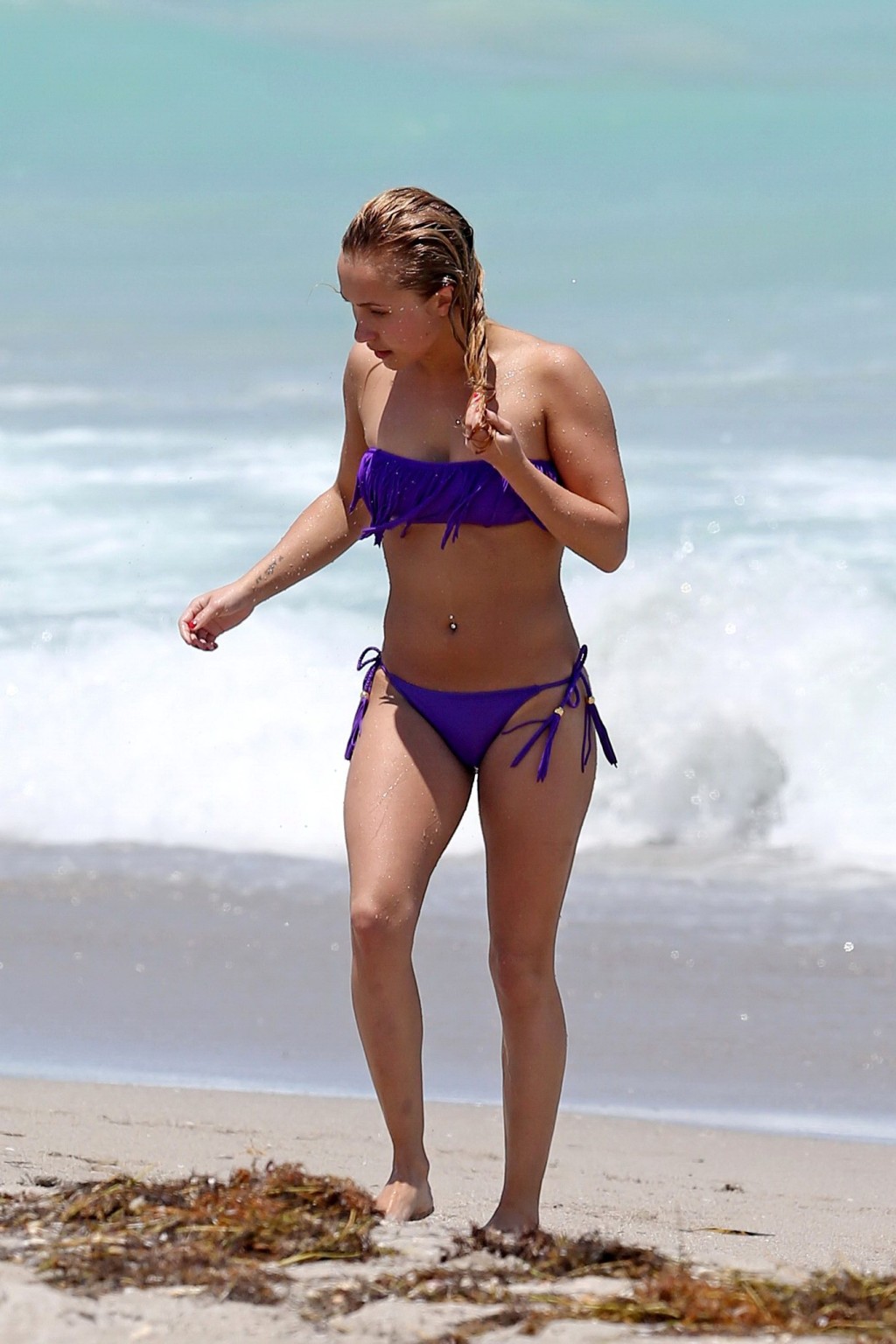 Hayden Panettiere portant un bikini tubulaire violet sur une plage de Miami.
 #75232666