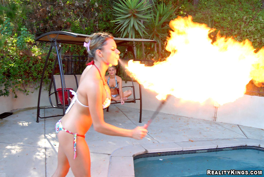 Watch amazing bikini babe shay breathe fire by the pool in this hot trick then g #76193555