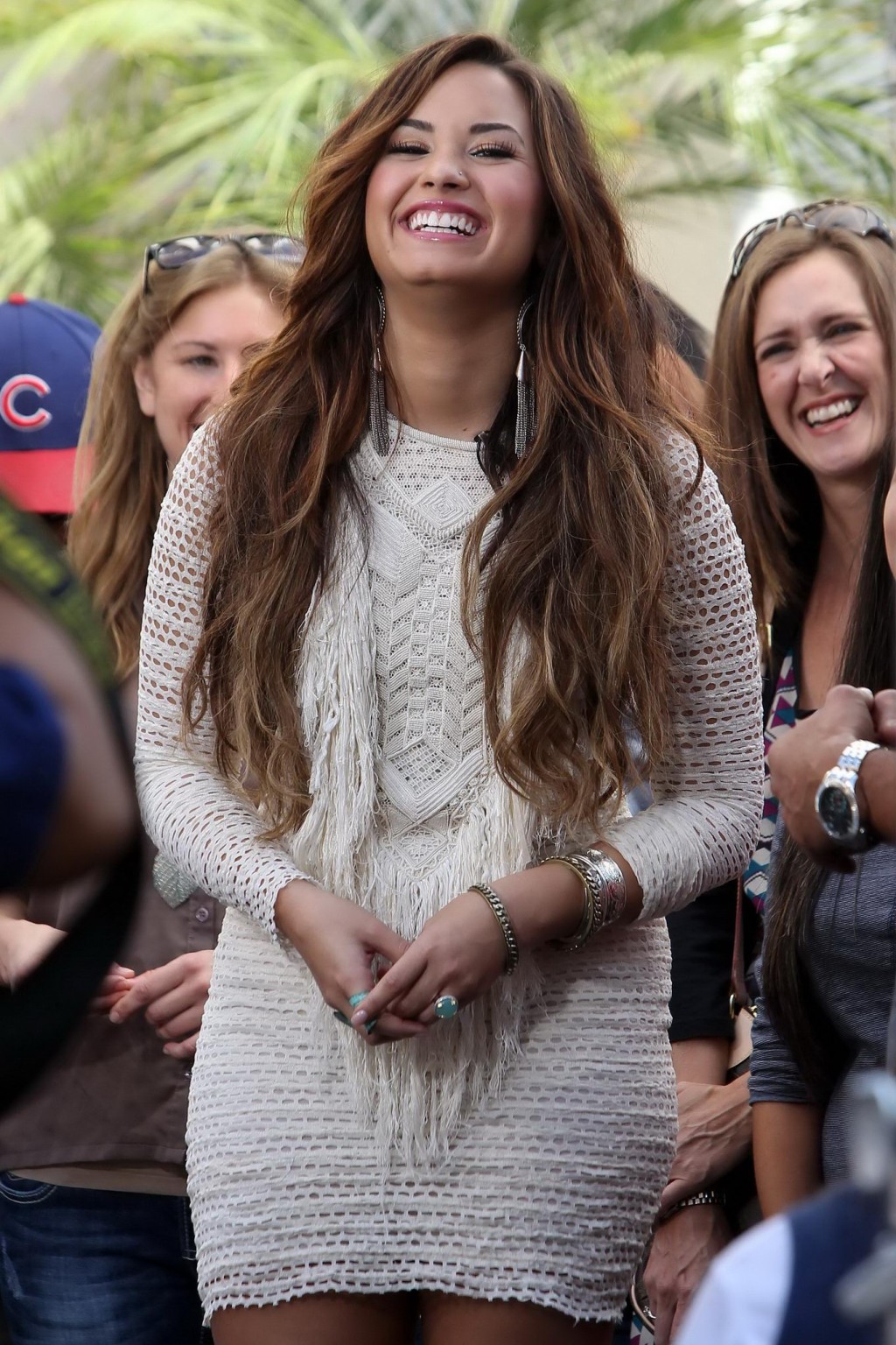 Demi Lovato leggy in mini dress on the Extra TV show at The Grove, LA #75285921