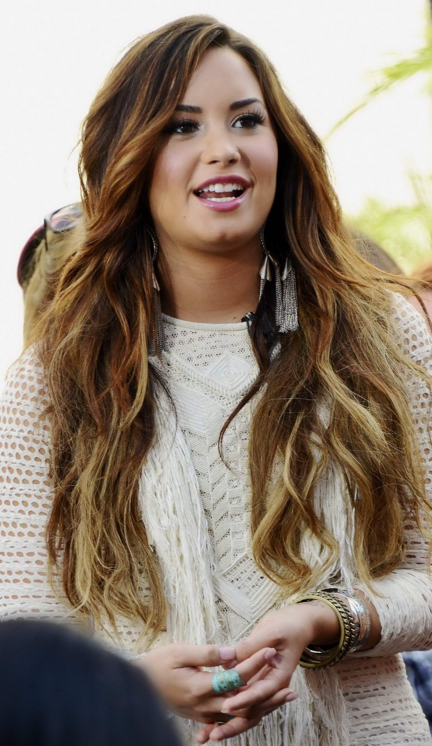 Demi Lovato leggy in mini dress on the Extra TV show at The Grove, LA #75285958