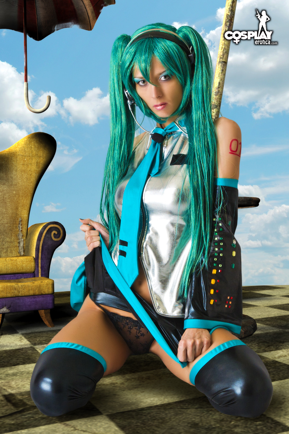 Erotic cosplay Lana in long green wig and anime uniform #67371387