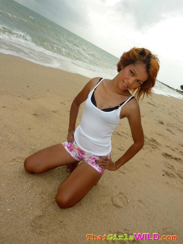 Skinny thai poses and shows her pussy on the beach #69761995