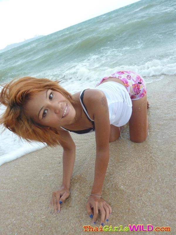Skinny thai poses and shows her pussy on the beach #69762029