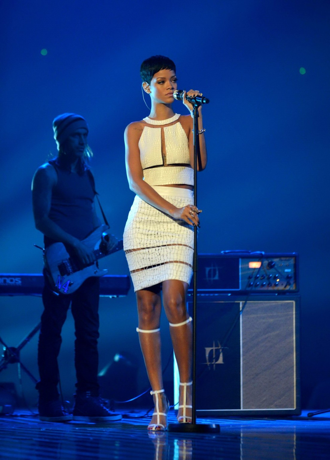 Rihanna in partially see through dress performing on The X Factor Final in Manch #75246354