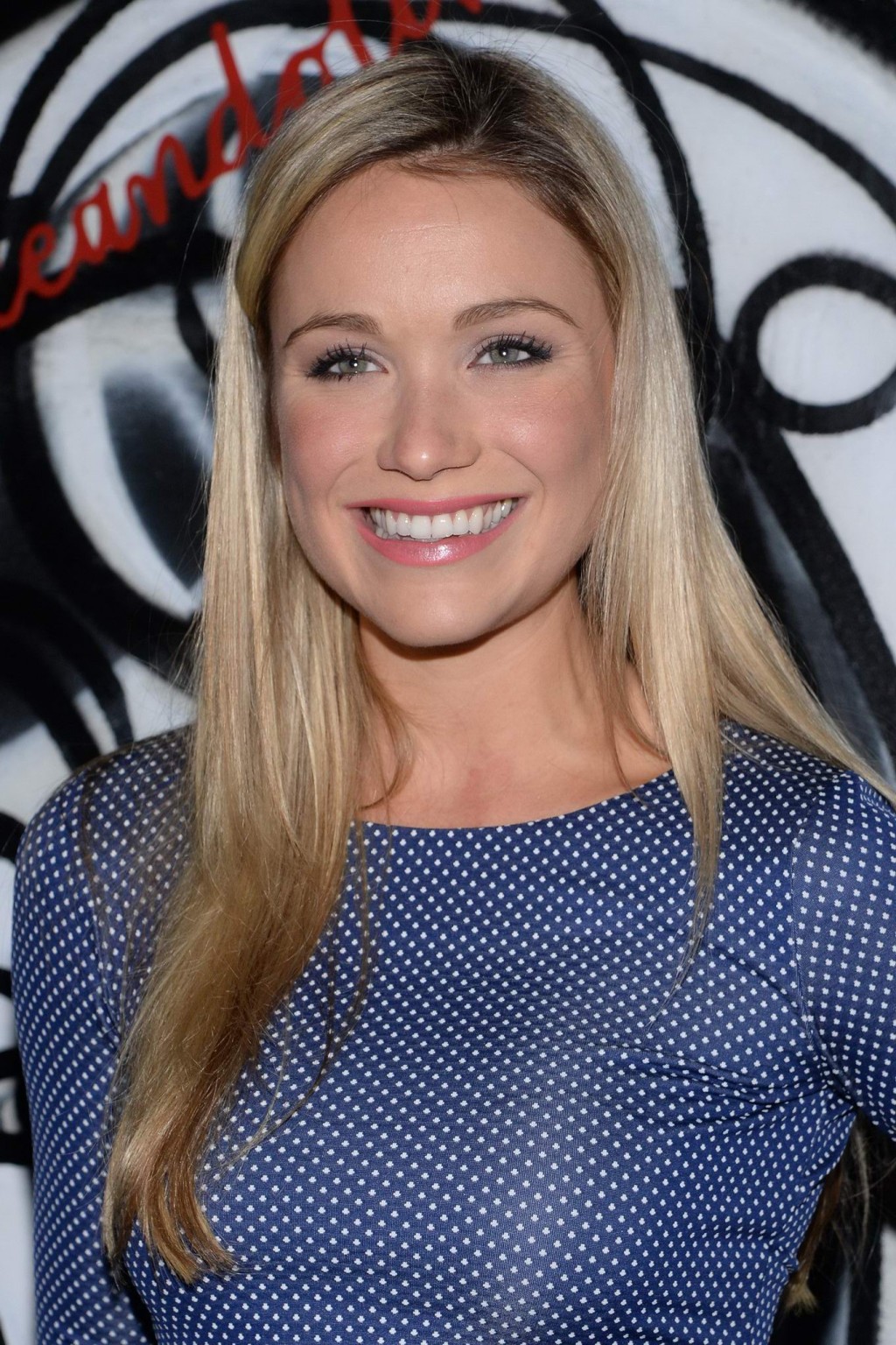 Katrina Bowden wearing tight blue polka-dot mini dress during Mercedes-Benz Fash #75204361