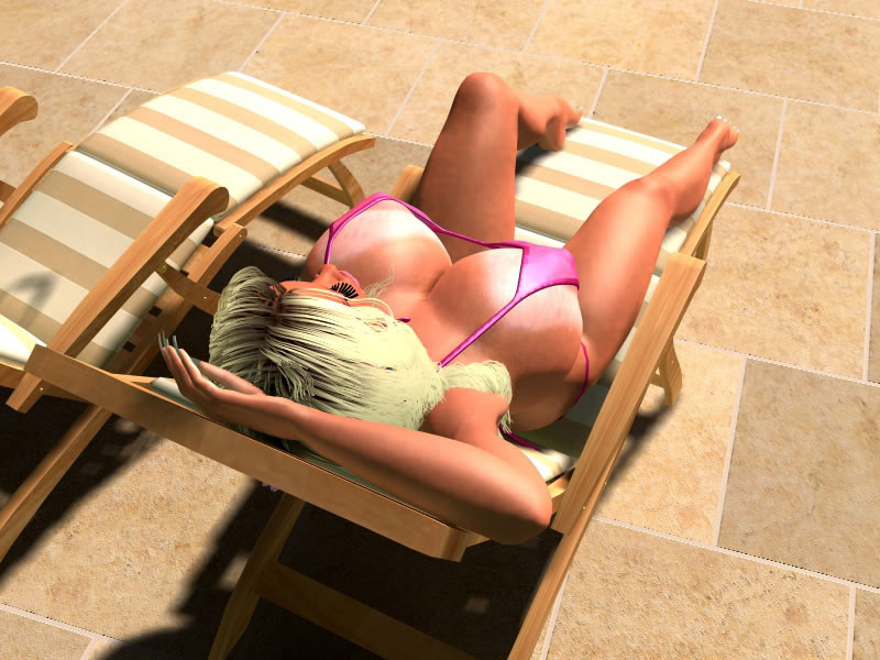 Des stars du porno sexy en 3d avec des bikinis à gros seins prenant un bain de soleil en plein air.
 #67049416