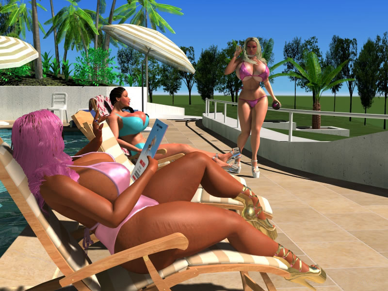 Pornstar sexy 3D bigtitted bikini babes sunbathing outdoors #67049452