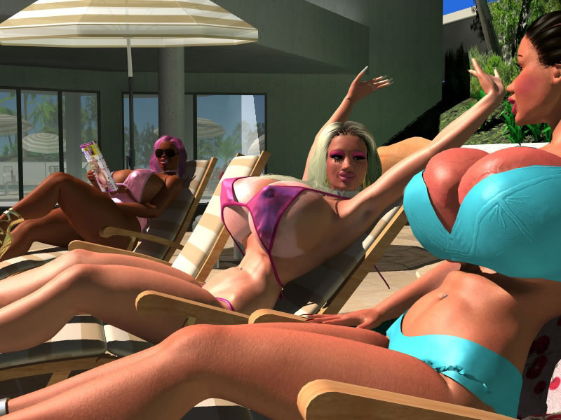 Pornstar sexy 3D bigtitted bikini babes sunbathing outdoors #67049458