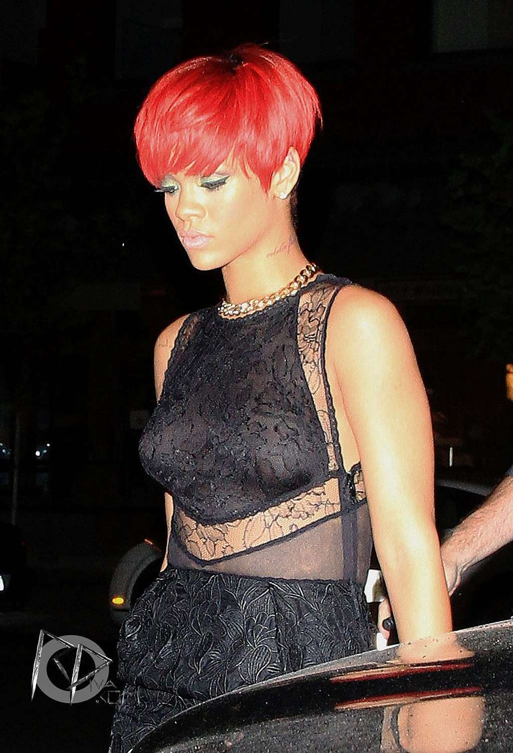 Rihanna in see thru top and visible nipples and leggy in mini skirt #75336533