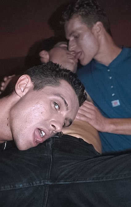 Three smooth tanned dudes fucking and cumming kick on a sofa #76939581