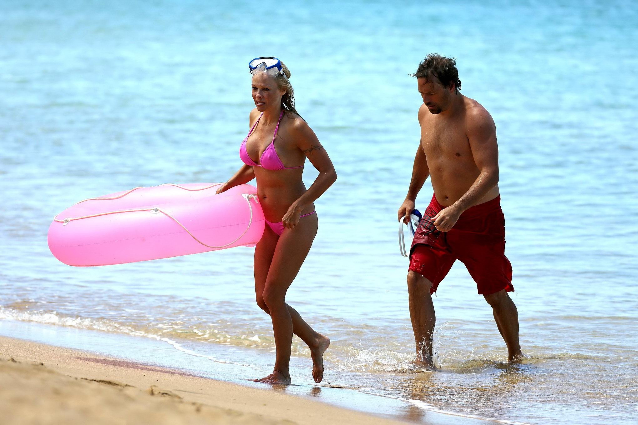 Busty Pamela Anderson showing pokies in a wet pink bikini while snorkeling on a  #75221556