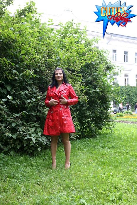 Sexual brunette girl in red leather coat flashing in the park #72615948