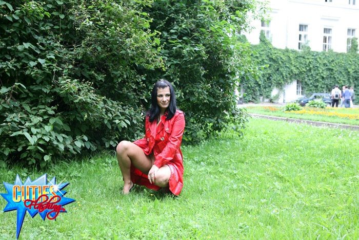 Sexual brunette girl in red leather coat flashing in the park #72615982