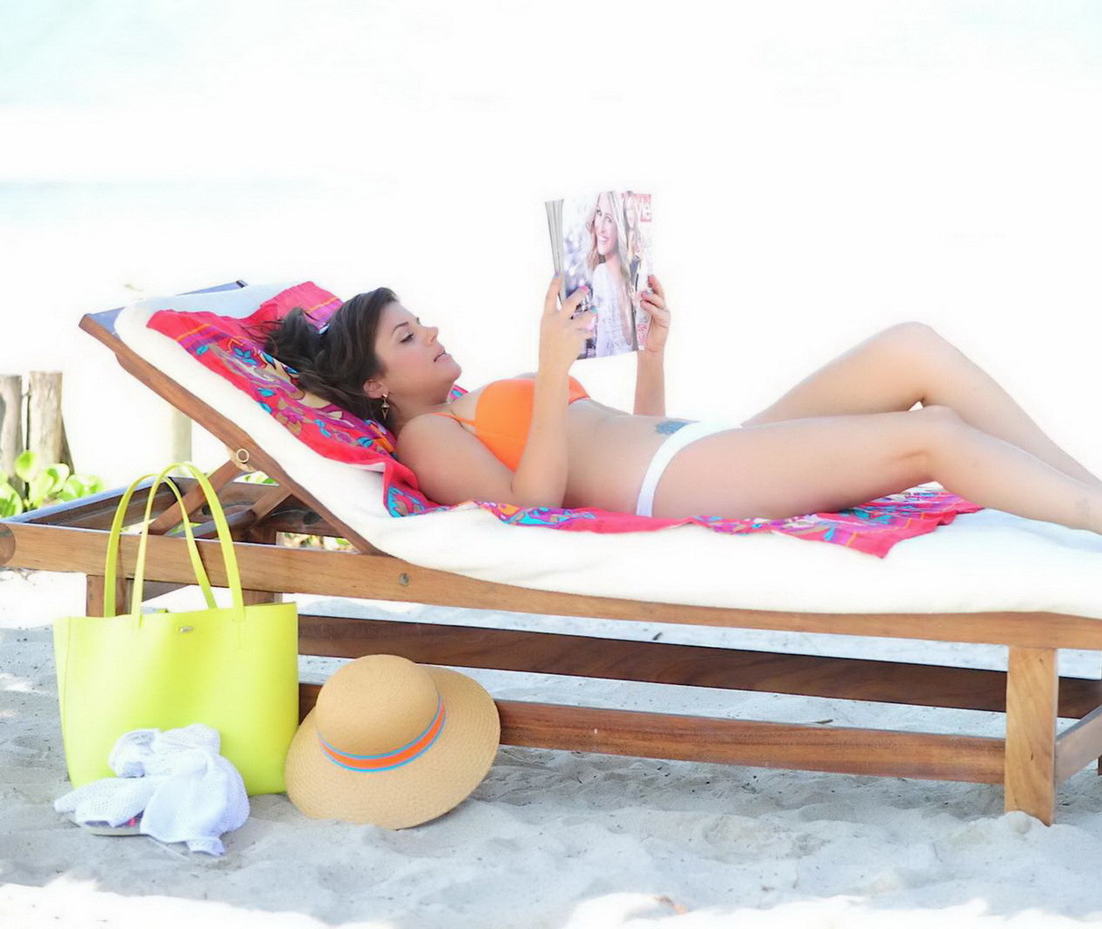 Tiffani Thiessen wearing orange bikini top and white panties on the beach in Mex #75205404