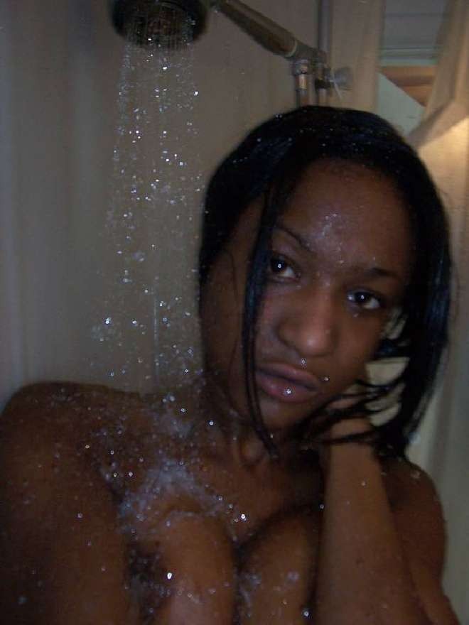 Horny black babe taking naked selfpics in the shower #73352765