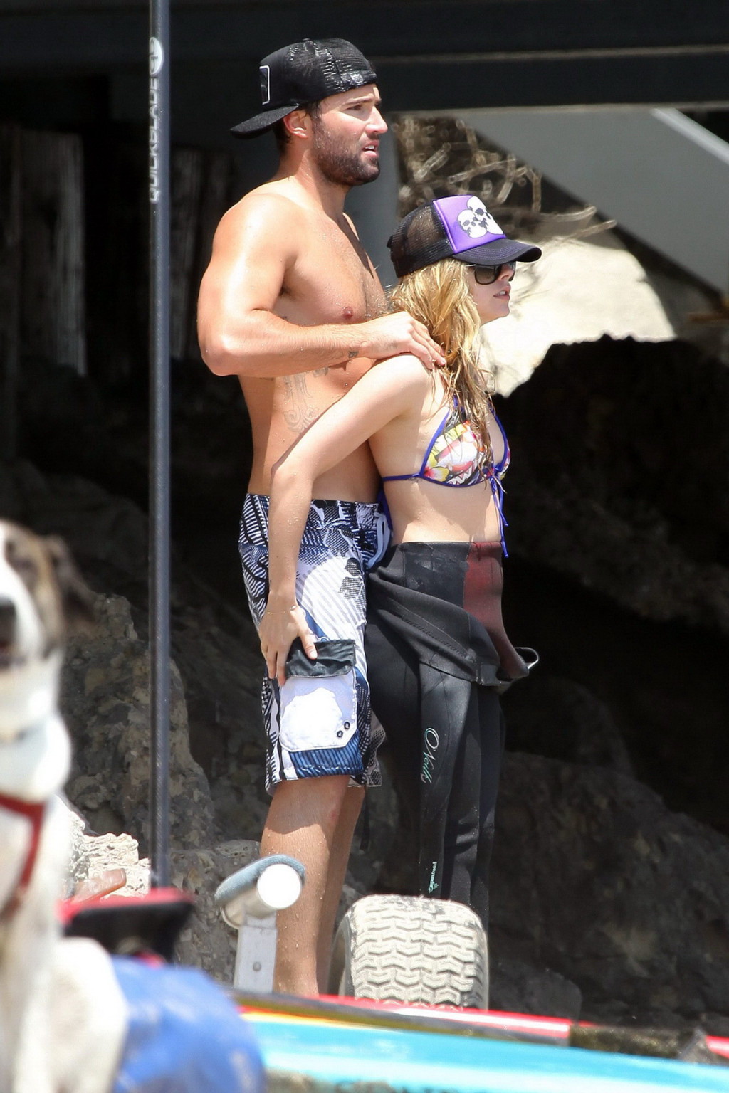 Avril Lavigne wearing a bikini top and a wetsuit on the beach in Malibu #75342823