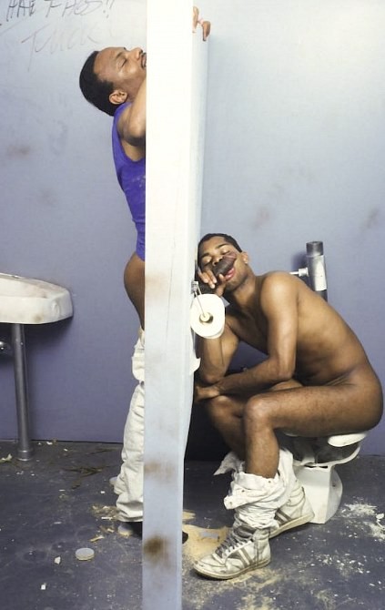 Black twinks enjoy glory hole sucking and fucking in a toilet #76946156